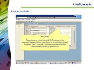 Configuração
Esquema de cálculo

Requisito
Determina uma rotina interna do R/3 (ou uma rotina
desenvolvida pelo cliente) para checar se haverá determinação
de valores para a linha. Os requisitos controlam quando e
como as linhas devem ser processadas.

 