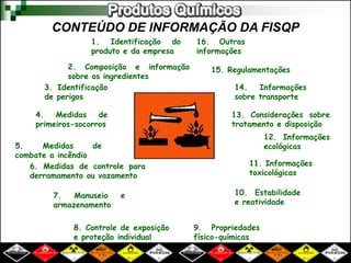 CONTEÚDO DE INFORMAÇÃO DA FISQP
1. Identificação do
produto e da empresa
2. Composição e informação
sobre os ingredientes
3. Identificação
de perigos
4. Medidas de
primeiros-socorros
5. Medidas de
combate a incêndio
6. Medidas de controle para
derramamento ou vazamento
8. Controle de exposição
e proteção individual
9. Propriedades
físico-químicas
10. Estabilidade
e reatividade
7. Manuseio e
armazenamento
11. Informações
toxicológicas
12. Informações
ecológicas
13. Considerações sobre
tratamento e disposição
15. Regulamentações
16. Outras
informações
14. Informações
sobre transporte
 