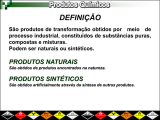 DEFINIÇÃO
São produtos de transformação obtidos por meio de
processo industrial, constituídos de substâncias puras,
compostas e misturas.
Podem ser naturais ou sintéticos.
PRODUTOS NATURAIS
São obtidos de produtos encontrados na natureza.
PRODUTOS SINTÉTICOS
São obtidos artificialmente através da síntese de outros produtos.
 