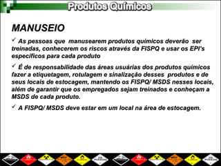 MANUSEIO
MANUSEIO
 As pessoas que manusearem produtos químicos deverão ser
As pessoas que manusearem produtos químicos deverão ser
treinadas, conhecerem os riscos através da FISPQ e usar os EPI’s
treinadas, conhecerem os riscos através da FISPQ e usar os EPI’s
específicos para cada produto
específicos para cada produto
 É de responsabilidade das áreas usuárias dos produtos químicos
É de responsabilidade das áreas usuárias dos produtos químicos
fazer a etiquetagem, rotulagem e sinalização desses produtos e de
fazer a etiquetagem, rotulagem e sinalização desses produtos e de
seus locais de estocagem, mantendo os FISPQ/ MSDS nesses locais,
seus locais de estocagem, mantendo os FISPQ/ MSDS nesses locais,
além de garantir que os empregados sejam treinados e conheçam a
além de garantir que os empregados sejam treinados e conheçam a
MSDS de cada produto.
MSDS de cada produto.
 A FISPQ/ MSDS deve estar em um local na área de estocagem.
A FISPQ/ MSDS deve estar em um local na área de estocagem.
 
