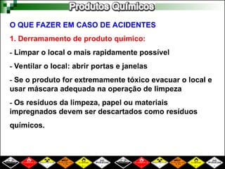 O QUE FAZER EM CASO DE ACIDENTES
1. Derramamento de produto químico:
- Limpar o local o mais rapidamente possível
- Ventilar o local: abrir portas e janelas
- Se o produto for extremamente tóxico evacuar o local e
usar máscara adequada na operação de limpeza
- Os resíduos da limpeza, papel ou materiais
impregnados devem ser descartados como resíduos
químicos.
 