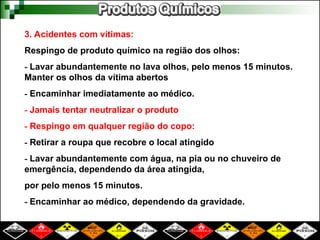 3. Acidentes com vítimas:
Respingo de produto químico na região dos olhos:
- Lavar abundantemente no lava olhos, pelo menos 15 minutos.
Manter os olhos da vítima abertos
- Encaminhar imediatamente ao médico.
- Jamais tentar neutralizar o produto
- Respingo em qualquer região do copo:
- Retirar a roupa que recobre o local atingido
- Lavar abundantemente com água, na pia ou no chuveiro de
emergência, dependendo da área atingida,
por pelo menos 15 minutos.
- Encaminhar ao médico, dependendo da gravidade.
 