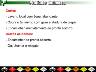 Cortes
- Lavar o local com água, abundante.
- Cobrir o ferimento com gaze e atadura de crepe
- Encaminhar imediatamente ao pronto socorro.
Outros acidentes:
- Encaminhar ao pronto-socorro
- Ou, chamar o resgate.
 