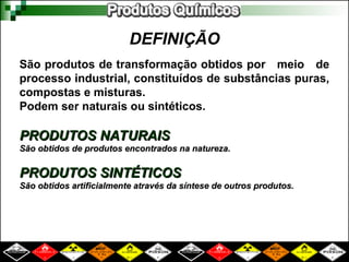 DEFINIÇÃO
São produtos de transformação obtidos por meio de
processo industrial, constituídos de substâncias puras,
compostas e misturas.
Podem ser naturais ou sintéticos.
PRODUTOS NATURAIS
PRODUTOS NATURAIS
São obtidos de produtos encontrados na natureza.
São obtidos de produtos encontrados na natureza.
PRODUTOS SINTÉTICOS
PRODUTOS SINTÉTICOS
São obtidos artificialmente através da síntese de outros produtos.
São obtidos artificialmente através da síntese de outros produtos.
 