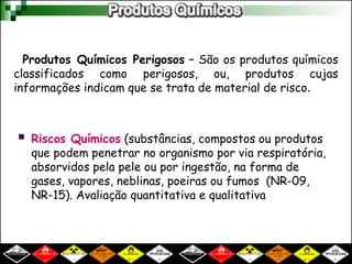 Produtos Químicos Perigosos – São os produtos químicos
classificados como perigosos, ou, produtos cujas
informações indicam que se trata de material de risco.
 Riscos Químicos (substâncias, compostos ou produtos
que podem penetrar no organismo por via respiratória,
absorvidos pela pele ou por ingestão, na forma de
gases, vapores, neblinas, poeiras ou fumos (NR-09,
NR-15). Avaliação quantitativa e qualitativa
 