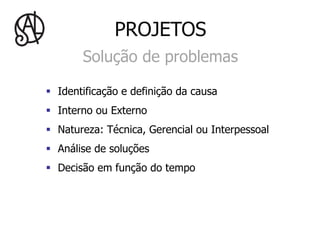 PROJETOS
        Solução de problemas

§  Identificação e definição da causa
§  Interno ou Externo
§  Natureza: Técnica, Gerencial ou Interpessoal
§  Análise de soluções
§  Decisão em função do tempo
 
