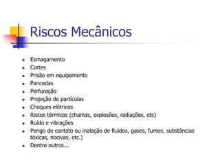 Riscos Mecânicos














Esmagamento
Cortes
Prisão em equipamento
Pancadas
Perfuração
Projeção de partículas
Choques elétricos
Riscos térmicos (chamas, explosões, radiações, etc)
Ruído e vibrações
Perigo de contato ou inalação de fluidos, gases, fumos, substâncias
tóxicas, nocivas, etc.)
Dentre outros...

 