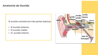 Anatomia do Ouvido
O ouvido consiste em três partes básicas:
• O ouvido externo,
• O ouvido médio
• O ouvido interno.
 