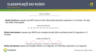 CLASSIFICAÇÕ DO RUÍDO
PROTEÇÃO AUDITIVA
Ruído de Impacto aquele com duração inferior a um segundo, em intervalos superiores a um segundo.
Ruído Contínuo é aquele cujo NPS varia em até 3 dB durante períodos superiores a 15 minutos. Ou seja,
não obtém interrupções.
Ruído Intermitente é aquele cujo (NPS) com variação de até3 dB em períodos entre 0,2 segundos e 15
minutos.
 