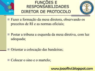  Fazer a formação da mesa diretora, observando os
preceitos de RI e as normas oficiais;
 Postar a tribuna a esquerda da mesa diretiva, com luz
adequada;
 Orientar a colocação das bandeiras;
 Colocar o sino e o martelo;
www.joaoflivi.blogspot.com
FUNÇÕES E
RESPONSABILIDADES
DIRETOR DE PROTOCOLO
 