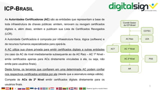 As Autoridades Certificadoras (AC) são as entidades que representam a base de
toda infraestrutura de chaves públicas: emitem, renovam ou revogam certificados
digitais e, além disso, emitem e publicam sua Lista de Certificados Revogados
(LCR).
A Autoridade Certificadora é composta por infraestrutura física, lógica (software) e
de recursos humanos especializados para operá-la.
A AC utiliza sua chave privada para emitir certificados digitais a outras entidades
(no caso da AC de nível imediatamente subsequente ao da AC Raiz – AC 1º Nível -
emite certificados apenas para ACs diretamente vinculadas à ela, ou seja, não
emite para usuários finais).
Desta forma, os terceiros que confiarem em uma determinada AC podem confiar
nos respectivos certificados emitidos por ela (desde que a assinatura esteja válida).
Compete às ACs de 2º Nível emitir certificados digitais diretamente para os
usuários finais.
ICP-BRASIL
Comitê Gestor
da ICP-Brasil
AC Raiz
COTEC
LEA
AC 1º Nível
AC 2º Nível
AR
ACT
PSS
5
 