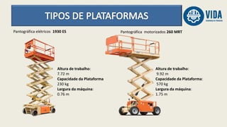 Pantográfica elétricos 1930 ES Pantográfica motorizados 260 MRT
Altura de trabalho:
7.72 m
Capacidade da Plataforma
230 kg
Largura da máquina:
0.76 m
Altura de trabalho:
9.92 m
Capacidade da Plataforma:
570 kg
Largura da máquina:
1.75 m
 