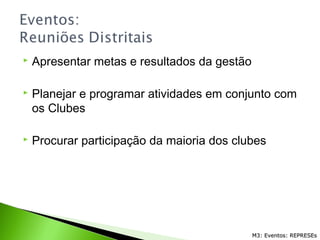  Apresentar metas e resultados da gestão
 Planejar e programar atividades em conjunto com
os Clubes
 Procurar participação da maioria dos clubes
M3: Eventos: REPRESEsM3: Eventos: REPRESEs
 
