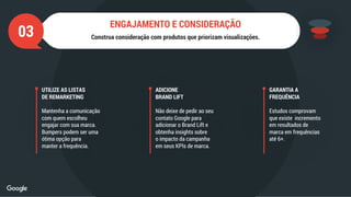 UTILIZE AS LISTAS
DE REMARKETING
Mantenha a comunicação
com quem escolheu
engajar com sua marca.
Bumpers podem ser uma
ótima opção para
manter a frequência.
ADICIONE
BRAND LIFT
Não deixe de pedir ao seu
contato Google para
adicionar o Brand Lift e
obtenha insights sobre
o impacto da campanha
em seus KPIs de marca.
GARANTIA A
FREQUÊNCIA
Estudos comprovam
que existe incremento
em resultados de
marca em frequências
até 6+.
03 Construa consideração com produtos que priorizam visualizações.
ENGAJAMENTO E CONSIDERAÇÃO
 