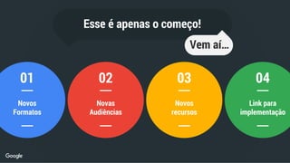 Novos
Formatos
01
Novas
Audiências
02
Novos
recursos
03
Link para
implementação
04
Esse é apenas o começo!
Vem aí…
 