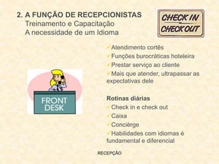 RECEPÇÃO
2. A FUNÇÃO DE RECEPCIONISTAS
Treinamento e Capacitação
A necessidade de um Idioma
Atendimento cortês
Funções burocráticas hoteleira
Prestar serviço ao cliente
Mais que atender, ultrapassar as
expectativas dele
Rotinas diárias
Check in e check out
Caixa
Concièrge
Habilidades com idiomas é
fundamental e diferencial
 