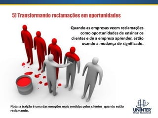 5) Transformando reclamações em oportunidades
Nota: a traição é uma das emoções mais sentidas pelos clientes quando estão
reclamando.
Quando as empresas veem reclamações
como oportunidades de ensinar os
clientes e de a empresa aprender, estão
usando a mudança de significado.
 
