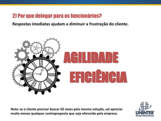 2) Por que delegar para os funcionários?
Respostas imediatas ajudam a diminuir a frustração do cliente.
Nota: se o cliente precisar buscar 02 vezes pela mesma solução, vai apreciar
muito menos qualquer contraproposta que seja oferecida pela empresa.
AGILIDADE
EFICIÊNCIA
 