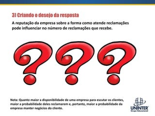 3) Criando o desejo da resposta
A reputação da empresa sobre a forma como atende reclamações
pode influenciar no número de reclamações que recebe.
Nota: Quanto maior a disponibilidade de uma empresa para escutar os clientes,
maior a probabilidade deles reclamarem e, portanto, maior a probabilidade da
empresa manter negócios do cliente.
 
