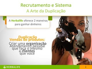2
A Herbalife oferece 2 maneiras
para ganhar dinheiro:
2
Vendas de produtos:
Atendimento pessoal
a clientes
Duplicação
Criar uma organização
que faça o mesmo
que você
Recrutamento e Sistema
A Arte da Duplicação
 