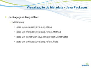 Visualização de Metadata - Java Packages


 package java.lang.reflect:
   □   Metadatas:

         para uma classe: java.lang.Class

         para um método: java.lang.reflect.Method

         para um construtor: java.lang.reflect.Constructor

         para um atributo: java.lang.reflect.Field
 