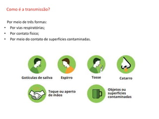 O QUE É CIPA?
Por meio de três formas:
• Por vias respiratórias;
• Por contato físico;
• Por meio do contato de superfícies contaminadas.
Como é a transmissão?
 
