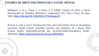 FATORES DE RISCO PSICOSSOCIAIS E SAÚDE MENTAL
Rodrigues, C M L, Faiad, C, e Facas, E P. (2020). Fatores de Risco e Riscos
Psicossociais no Trabalho: Definição e Implicações. Psic. Teor. e Pesq. 36 (spe).
2020. https://doi.org/10.1590/0102.3772e36nspe19
Kortum E, Leka S, Cox T. Psychosocial risks and work-related stress in developing
countries: health impact, priorities, barriers and solutions. Int J Occup Med
Environ Health. 2010;23(3):225-38. doi: 10.2478/v10001-010-0024-5. PMID:
20934955. https://pubmed.ncbi.nlm.nih.gov/20934955/
 