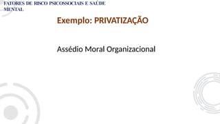 Exemplo: PRIVATIZAÇÃO
Assédio Moral Organizacional
FATORES DE RISCO PSICOSSOCIAIS E SAÚDE
MENTAL
 