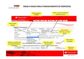 Inserir tabela
vigente
Não utilizar
simulador
Informar o número de
parcelas destinadas à
financeira
Informar o valor
das parcelas
Clique em
Informar
IMPORTANTE:
Informar o número
do file
PASSO A PASSO PARA O PREENCHIMENTO DE PROPOSTAS
Indicar produto
CESSÃO
Indicar o valor da compra à
vista (sem juros)
 