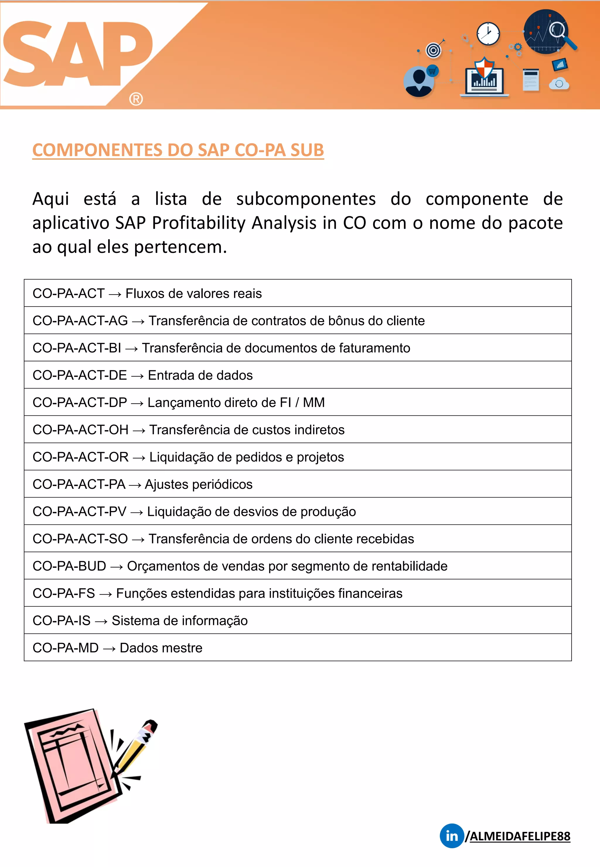 COMPONENTES DO SAP CO-PA SUB
/ALMEIDAFELIPE88
Aqui está a lista de subcomponentes do componente de
aplicativo SAP Profitability Analysis in CO com o nome do pacote
ao qual eles pertencem.
CO-PA-ACT → Fluxos de valores reais
CO-PA-ACT-AG → Transferência de contratos de bônus do cliente
CO-PA-ACT-BI → Transferência de documentos de faturamento
CO-PA-ACT-DE → Entrada de dados
CO-PA-ACT-DP → Lançamento direto de FI / MM
CO-PA-ACT-OH → Transferência de custos indiretos
CO-PA-ACT-OR → Liquidação de pedidos e projetos
CO-PA-ACT-PA → Ajustes periódicos
CO-PA-ACT-PV → Liquidação de desvios de produção
CO-PA-ACT-SO → Transferência de ordens do cliente recebidas
CO-PA-BUD → Orçamentos de vendas por segmento de rentabilidade
CO-PA-FS → Funções estendidas para instituições financeiras
CO-PA-IS → Sistema de informação
CO-PA-MD → Dados mestre
 