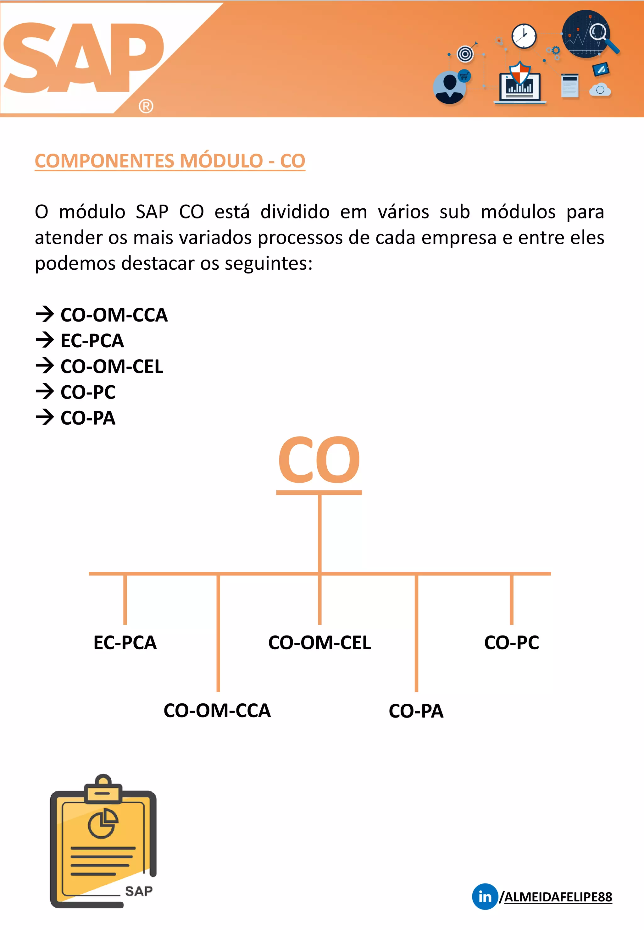 COMPONENTES MÓDULO - CO
/ALMEIDAFELIPE88
O módulo SAP CO está dividido em vários sub módulos para
atender os mais variados processos de cada empresa e entre eles
podemos destacar os seguintes:
→ CO-OM-CCA
→ EC-PCA
→ CO-OM-CEL
→ CO-PC
→ CO-PA
CO-OM-CCA
EC-PCA CO-OM-CEL CO-PC
CO-PA
CO
 