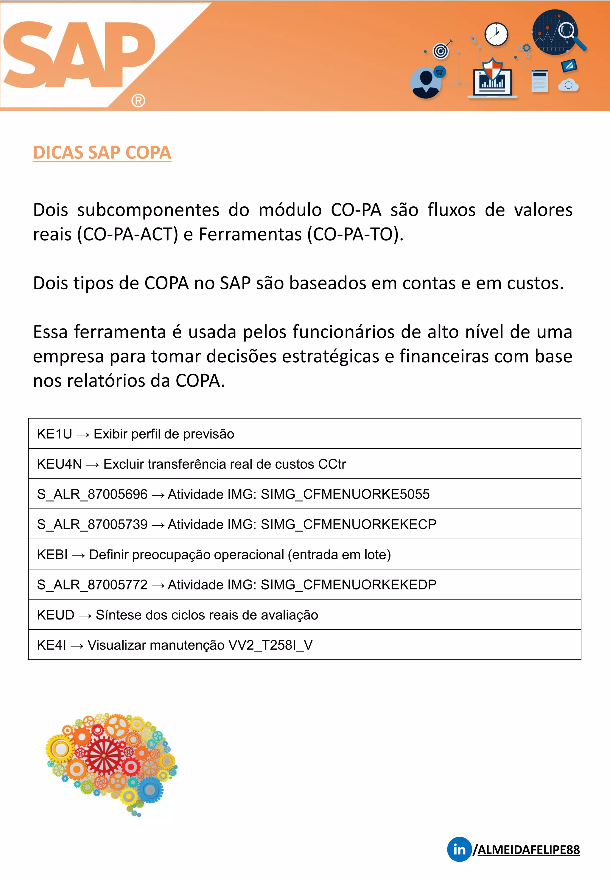 DICAS SAP COPA
/ALMEIDAFELIPE88
Dois subcomponentes do módulo CO-PA são fluxos de valores
reais (CO-PA-ACT) e Ferramentas (CO-PA-TO).
Dois tipos de COPA no SAP são baseados em contas e em custos.
Essa ferramenta é usada pelos funcionários de alto nível de uma
empresa para tomar decisões estratégicas e financeiras com base
nos relatórios da COPA.
KE1U → Exibir perfil de previsão
KEU4N → Excluir transferência real de custos CCtr
S_ALR_87005696 → Atividade IMG: SIMG_CFMENUORKE5055
S_ALR_87005739 → Atividade IMG: SIMG_CFMENUORKEKECP
KEBI → Definir preocupação operacional (entrada em lote)
S_ALR_87005772 → Atividade IMG: SIMG_CFMENUORKEKEDP
KEUD → Síntese dos ciclos reais de avaliação
KE4I → Visualizar manutenção VV2_T258I_V
 