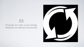 03
Produção em ciclos curtos: entrega
frequente de software funcionando
 