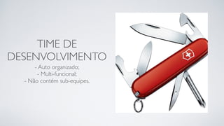 TIME DE
DESENVOLVIMENTO
- Auto organizado;
- Multi-funcional;
- Não contém sub-equipes.
 