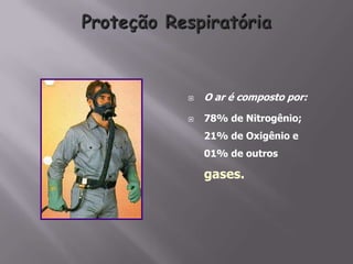  O ar é composto por:
 78% de Nitrogênio;
21% de Oxigênio e
01% de outros
gases.
 