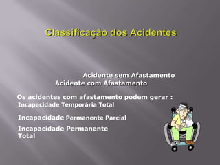 Acidente sem Afastamento
Acidente com Afastamento
Os acidentes com afastamento podem gerar :
Incapacidade Temporária Total
Incapacidade Permanente Parcial
Incapacidade Permanente
Total
 