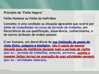 Princípio da "Falha Segura"Princípio da "Falha Segura"
Falha Humana ou Falha do IndivíduoFalha Humana ou Falha do Indivíduo
Conceito: é uma condição ou situação agravante que ocorre por
falha do trabalhador no curso da jornada de trabalho, em
Decorrência da sua qualificação, experiência, conhecimento, e
de outros atributos de ordem pessoal.
O ser humano, em decorrência da sua limitação do ponto desua limitação do ponto de
vista físico, psíquico e biológicovista físico, psíquico e biológico, não é capaz de manternão é capaz de manter
elevado grau de vigilância durante todo o período de vigíliaelevado grau de vigilância durante todo o período de vigília
(por ex.: jornada de trabalho), estando, portanto, sujeito asujeito a
cometer falhas (erros) na execução de suas atividades normaiscometer falhas (erros) na execução de suas atividades normais
(por ex.: atividades laborais).
 