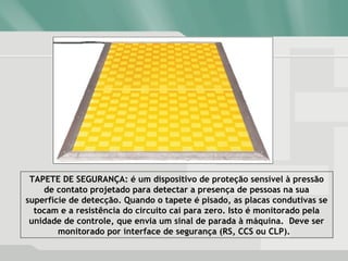 TAPETE DE SEGURANÇA: é um dispositivo de proteção sensível à pressão
de contato projetado para detectar a presença de pessoas na sua
superfície de detecção. Quando o tapete é pisado, as placas condutivas se
tocam e a resistência do circuito cai para zero. Isto é monitorado pela
unidade de controle, que envia um sinal de parada à máquina. Deve ser
monitorado por interface de segurança (RS, CCS ou CLP).
 