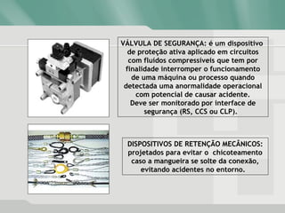 VÁLVULA DE SEGURANÇA: é um dispositivo
de proteção ativa aplicado em circuitos
com fluídos compressíveis que tem por
finalidade interromper o funcionamento
de uma máquina ou processo quando
detectada uma anormalidade operacional
com potencial de causar acidente.
Deve ser monitorado por interface de
segurança (RS, CCS ou CLP).
DISPOSITIVOS DE RETENÇÃO MECÂNICOS:
projetados para evitar o chicoteamento
caso a mangueira se solte da conexão,
evitando acidentes no entorno.
 