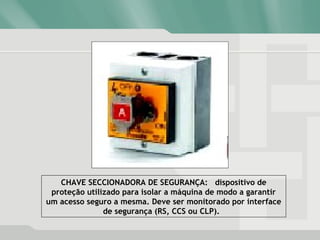 CHAVE SECCIONADORA DE SEGURANÇA: dispositivo de
proteção utilizado para isolar a máquina de modo a garantir
um acesso seguro a mesma. Deve ser monitorado por interface
de segurança (RS, CCS ou CLP).
 