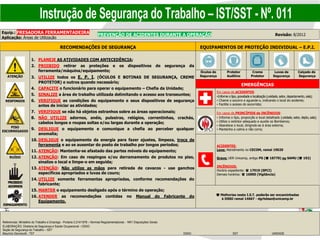 Equip.: FRESADORA FERRAMENTADEIRA
Aplicação: Áreas de Utilização
PREVENÇÃO DE ACIDENTES DURANTE A OPERAÇÃO Revisão: 8/2012
RECOMENDAÇÕES DE SEGURANÇA EQUIPAMENTOS DE PROTEÇÃO INDIVIDUAL – E.P.I.
ATENÇÃO
RESPINGOS
PISO
ESCORREGADIO
RUÍDO
PROIBIDO
ADORNOS
ESMAGAMENTO
1. PLANEJE AS ATIVIDADES COM ANTECEDÊNCIA;
2. PROIBIDO retirar as proteções e os dispositivos de segurança da
ferramenta/máquina/equipamento;
3. UTILIZE todos os E. P. I. (ÓCULOS E BOTINAS DE SEGURANÇA, CREME
PROTETOR) e outros quando necessário;
4. CAPACITE o funcionário para operar o equipamento – Chefia da Unidade;
5. SINALIZE a área de trabalho utilizada delimitando o acesso aos transeuntes;
6. VERIFIQUE as condições do equipamento e seus dispositivos de segurança
antes de iniciar as atividades;
7. VERIFIQUE se não há objetos estranhos sobre as áreas operacionais;
8. NÃO UTILIZE adornos, anéis, pulseiras, relógios, correntinhas, crachás,
cabelos longos e roupas soltas e/ou largas durante a operação;
9. DESLIGUE o equipamento e comunique a chefia ao perceber qualquer
anomalia;
10. DESLIGUE o equipamento da energia para fazer ajustes, limpeza, troca de
ferramenta e ao se ausentar do posto de trabalho por longos períodos;
11. ATENÇÃO: Mantenha-se afastado das partes móveis do equipamento;
12. ATENÇÃO: Em caso de respingos e/ou derramamento de produtos no piso,
sinalize o local e limpe-o em seguida;
13. ATENÇÃO: Não utilize as mãos para retirada de cavacos - use ganchos
específicos apropriados e luvas de couro;
14. UTILIZE somente ferramentas apropriadas, conforme recomendações do
fabricante;
15. MANTER o equipamento desligado após o término de operação;
16. ATENDER as recomendações contidas no Manual do Fabricante do
Equipamento.
Óculos de
Segurança
Protetor
Auditivo
Creme
Protetor
Luvas de
Segurança
Calçado de
Segurança
EMERGÊNCIAS
Em casos de ACIDENTES:
▪Informe o tipo, gravidade e localização (unidade, setor, departamento, sala);
▪ Chame o socorro e aguarde-o, indicando o local do acidente;
▪ Facilite o acesso do socorrista;
Em casos de PRINCÍPIOS de INCÊNDIOS:
▪ Informe o tipo, proporção e local detalhado (unidade, setor, depto, sala);
▪ Utilize o extintor adequado e auxilie os Bombeiros;
▪ Abandone o local, dirigindo-se à área externa;
▪ Mantenha a calma e não corra;
ACIDENTES:
Leve: Atendimento no CECOM, ramal 19020
Grave: UER Unicamp, antigo PS ( 18770) ou SAMU ( 192)
INCÊNDIOS:
Horário expediente:  17919 (SPCI)
Demais horários:  16000 (Vigilância)
 Melhorias nesta I.S.T. poderão ser encaminhadas
à DSSO ramal 14667 - dgrhdsso@unicamp.br
Instrução de Segurança do Trabalho – IST/SST - Nº. 011
Referencias: Ministério do Trabalho e Emprego - Portaria 3.214/1978 – Normas Regulamentadoras - NR1 Disposições Gerais
ELABORAÇÃO: Diretoria de Segurança e Saúde Ocupacional – DSSO
Seção de Segurança do Trabalho – SST
Maurício Gervenutti - TST DSSO SST UNIDADE
 