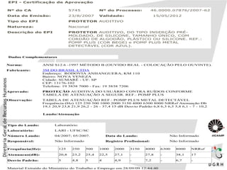 EPI - Certificação de Aprovação
Nº do CA 5745 Nº do Processo: 46.0000.07876/2007-62
Data de Emisão: 23/8/2007 Validade: 15/05/2012
Tipo do EPI PROTETOR AUDITIVO
Natureza: Nacional
Descrição do EPI PROTETOR AUDITIVO, DO TIPO INSERÇÃO PRÉ-
MOLDADO, DE SILICONE, TAMANHO ÚNICO, COM
CORDÃO DE ALGODÃO, PLÁSTICO OU SILICONE. REF.:
POMP PLUS (COR BEGE) e POMP PLUS METAL
DETECTÁVEL (COR AZUL).
Dados Complementares
Norma: ANSI S12.6 -1997 MÉTODO B (OUVIDO REAL - COLOCAÇÃO PELO OUVINTE).
Fabricante: 3M DO BRASIL LTDA
Endereço: RODOVIA ANHANGUERA, KM 110
Bairro: NOVA VENEZA
Cidade: SUMARÉ - UF: SP
CEP: 13176-102
Telefone: 19 3838 7000 - Fax: 19 3838 7206
Aprovado: PROTEÇÃO AUDITIVA DO USUÁRIO CONTRA RUÍDOS CONFORME
TABELA DE ATENUAÇÃO A SEGUIR. REF.: POMP PLUS
Observação: TABELA DE ATENUAÇÃO REF.: POMP PLUS METAL DETECTÁVEL
Frequência (Hz) 125 250 500 1000 2000 3150 4000 6300 8000 NRRsf Atenuação Db
19,1 20,9 23,8 21,9 26,2 - 26 - 37,4 15 dB Desvio Padrão 6,8 6,3 6,5 5,8 6,1 - 7 - 10,2
Laudo/Atenuação
Tipo do Laudo: Laboratório
Laboratório: LARI - UFSC/SC
Número Laudo: 04/2007; 05/2007. Data do Laudo: Não Informado
Responsável: Não Informado Registro Profissional: Não Informado
Frequência(Hz): 125 250 500 1000 2000 3150 4000 6300 8000 NRRsf
Atenuacao(dB): 20,8 23,2 25,4 22,5 27,1 - 27,8 - 38,1 17
Desvio Padrão: 5 4,8 5 4 4,9 - 7,2 - 6,7 -
Material Extraído do Ministério do Trabalho e Emprego em 28/09/09 12:44:40
 