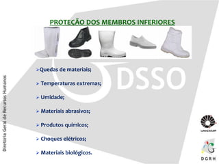 PROTEÇÃO DOS MEMBROS INFERIORES
Quedas de materiais;
 Temperaturas extremas;
 Umidade;
 Materiais abrasivos;
 Produtos químicos;
 Choques elétricos;
 Materiais biológicos.
 