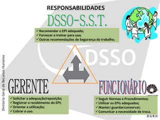 RESPONSABILIDADES
Solicitar a adequação/reposição;
Registrar o recebimento do EPI;
Orientar a utilização;
Cobrar o uso.
Seguir Normas e Procedimentos;
Utilizar os EPIs adequados;
Manter/ guardar/conservar;
Comunicar a necessidade de troca.
Recomendar o EPI adequado;
Fornecer e treinar para uso;
Outras recomendações de Segurança do trabalho.
 
