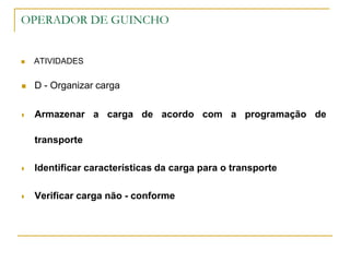 OPERADOR DE GUINCHO
 ATIVIDADES
 D - Organizar carga
 Armazenar a carga de acordo com a programação de
transporte
 Identificar características da carga para o transporte
 Verificar carga não - conforme
 