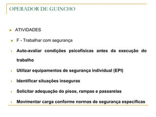OPERADOR DE GUINCHO
 ATIVIDADES
 F - Trabalhar com segurança
 Auto-avaliar condições psicofísicas antes da execução do
trabalho
 Utilizar equipamentos de segurança individual (EPI)
 Identificar situações inseguras
 Solicitar adequação do pisos, rampas e passarelas
 Movimentar carga conforme normas de segurança específicas
 