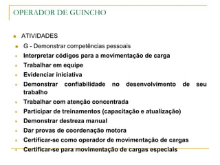 OPERADOR DE GUINCHO
 ATIVIDADES
 G - Demonstrar competências pessoais
 Interpretar códigos para a movimentação de carga
 Trabalhar em equipe
 Evidenciar iniciativa
 Demonstrar confiabilidade no desenvolvimento de seu
trabalho
 Trabalhar com atenção concentrada
 Participar de treinamentos (capacitação e atualização)
 Demonstrar destreza manual
 Dar provas de coordenação motora
 Certificar-se como operador de movimentação de cargas
 Certificar-se para movimentação de cargas especiais
 