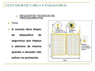 ELEVADOR DE CARGA E PASSAGEIROS
 REQUISITOS TÉCNICOS DE
PROCEDIMENTOS
 Torre
 A cancela deve dispor
de dispositivo de
segurança que impeça
a abertura da mesma
quando o elevador não
estiver no pavimento.
 