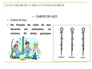 ELEVADOR DE CARGA E PASSAGEIROS
 CABOS DE AÇO
 Cabos de Aço
 Na fixação do cabo de aço
deverão ser utilizados, no
mínimo, 03 (três) grampos
(clips).
 
