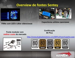 Overview de fontes Sentey

FANs com LED e ultra- silenciosas

Fonte modular com
melhor custo do mercado

Capacitores sólidos japoneses

Certificação
80 Plus
http://www.plugloadsolutions.com/80PlusPowerSupplies.aspx

 